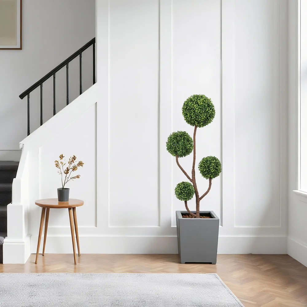 

4FT Tall Artificial Boxwood Topiary Tree Large Faux Green Plant in Pot for Indoor Outdoor Patio Porch Garden Decoration, 1pc/set