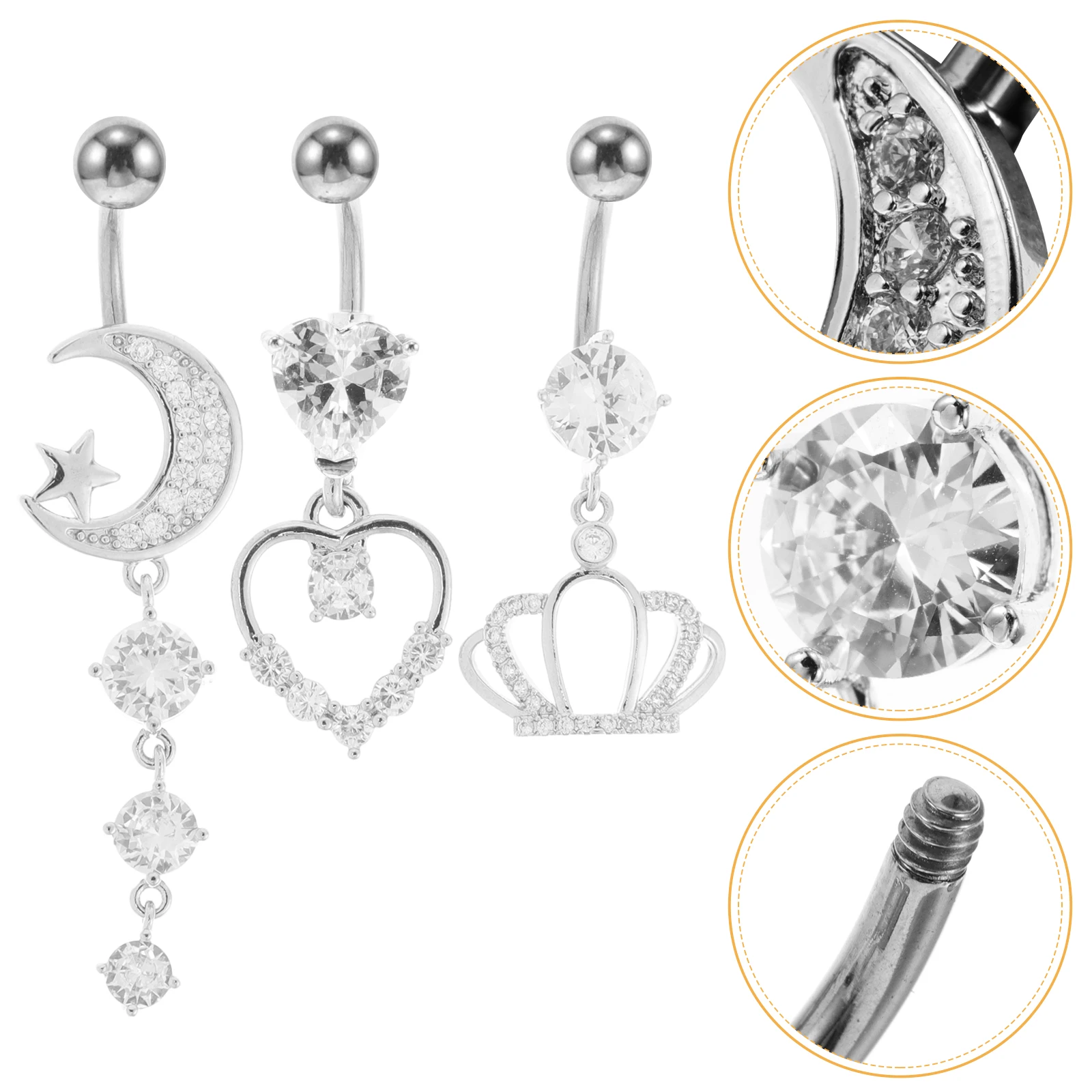 

3pcs Teardrop Heart Crown Belly Button Rings Durable Zircon Fashion Navel Jewelry Dangling Belly Plug For Party Beach Wear
