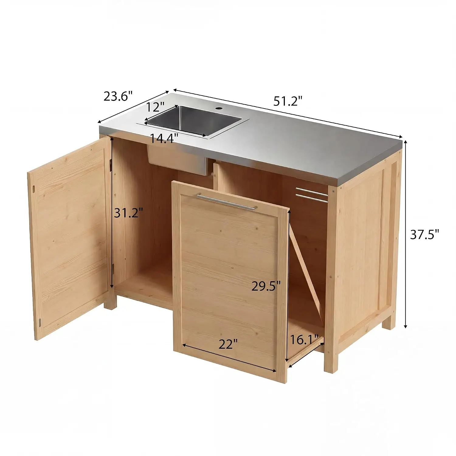 Patio Kitchen Sink Cabinet with Stainless Steel Countertop, Solid Cedar Patio Prep Table with Trash Bin Storage, Outdoor Cooking