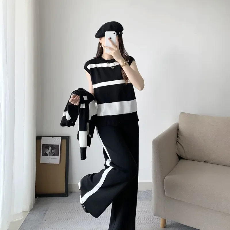 Striped Knitted 3 Piece Sets Womens Outfits 2023 Casual Sleeveless Vests Chic Long Sleeve Cardigan Loose Pant Sets