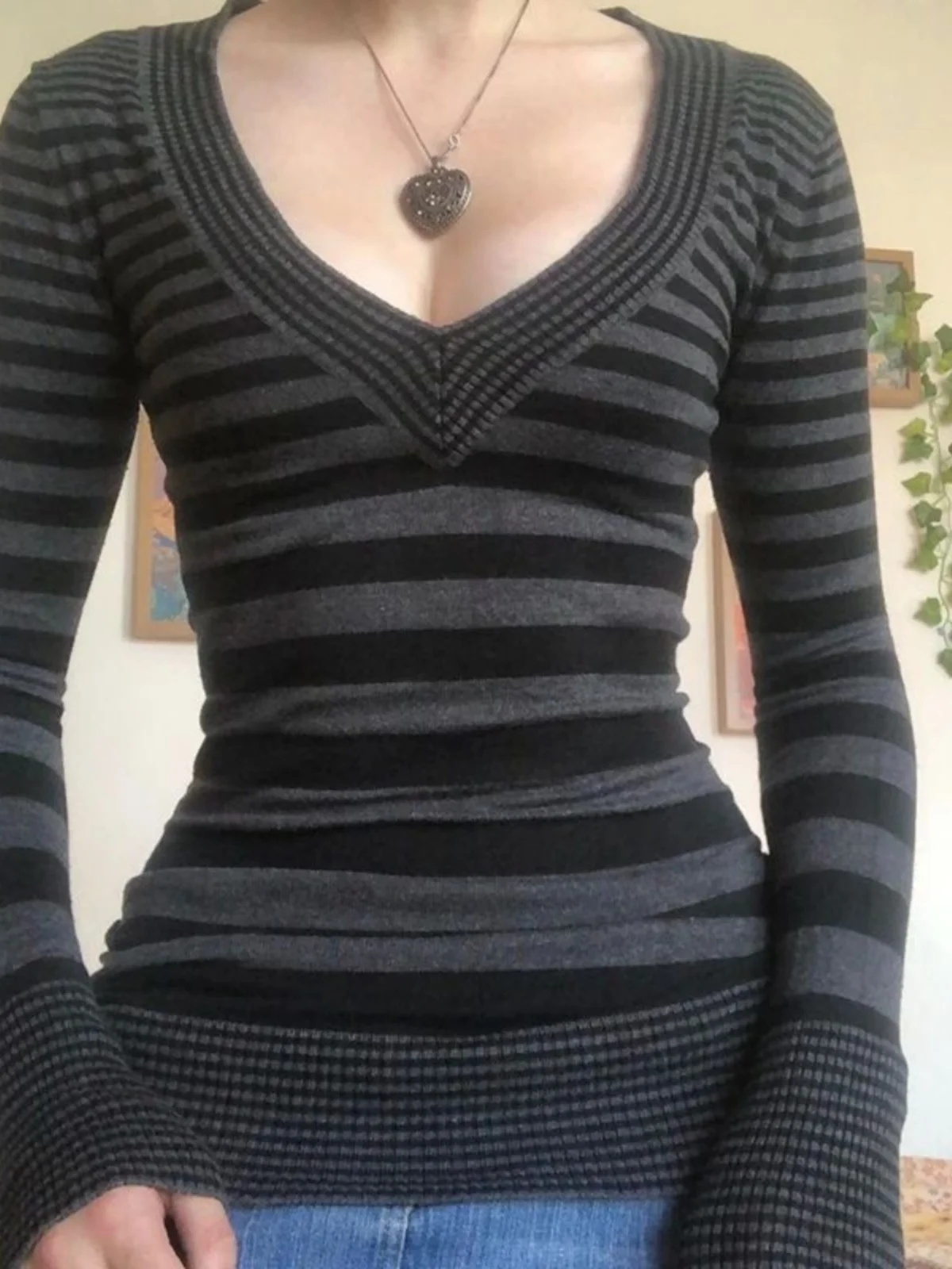 Slim Fit Longo Sve V-ne Listrado Suéter Rua Sle Material de Poliéster Outono Comprimento Regular Casual Camiseta Feminina