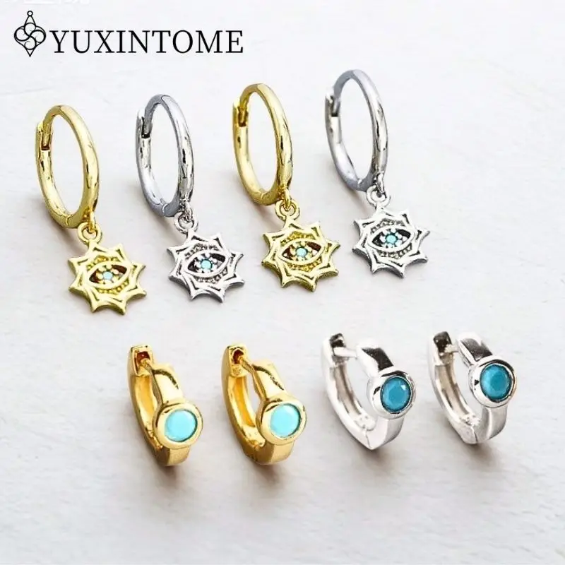 

925 Silver Ear Needle Demon's Eye Blue Turquoise Pendant Earrings Round Ear Buckles Punk Puncture Earrings Fashion Party Jewelry