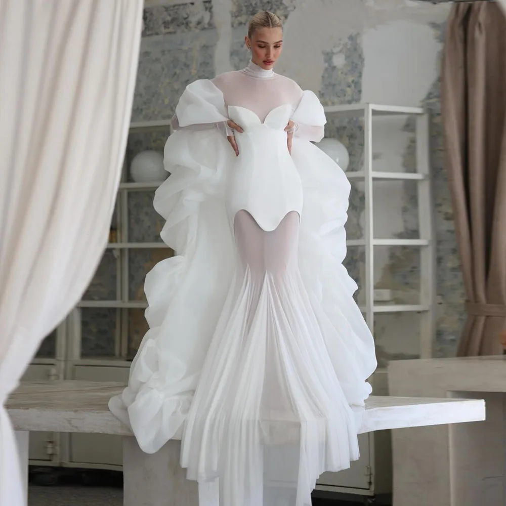 

Новое поступление, белое свадебное платье русалки с высоким воротом, прозрачное свадебное платье с длинными рукавами, тюлевая юбка, торжественное вечернее платье Ever Pretty