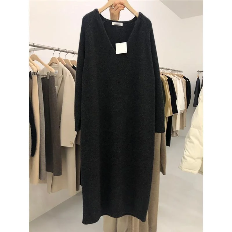 

plus Size Women's V-Ne Knitted Long Dr Spring Loose Long Sve Trendy Sweater Dr Casual Straight Cut Single Piece