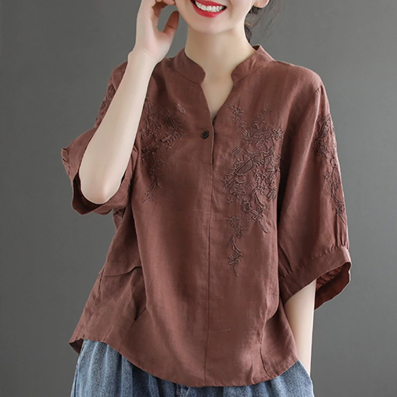 Vintage Floral Embroidery V Neck Half Sleeve Casual Loose Shirt 4XL Art Style Womens Tops 100% Cotton Summer Top for Women