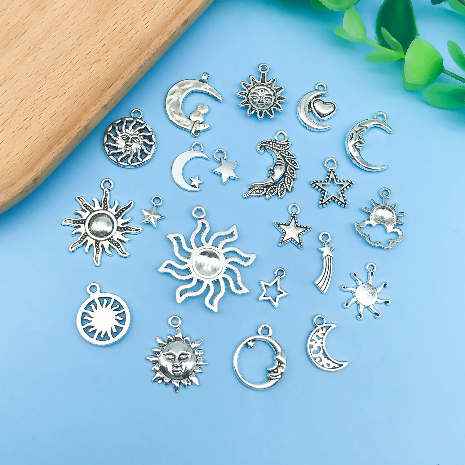 Mix 42pcs Ancient Silver Sun Moon Star Pendant Set Alloy Pendant, DIY Bracelet Pendant, Back to School Fashion Jewelry Accessory