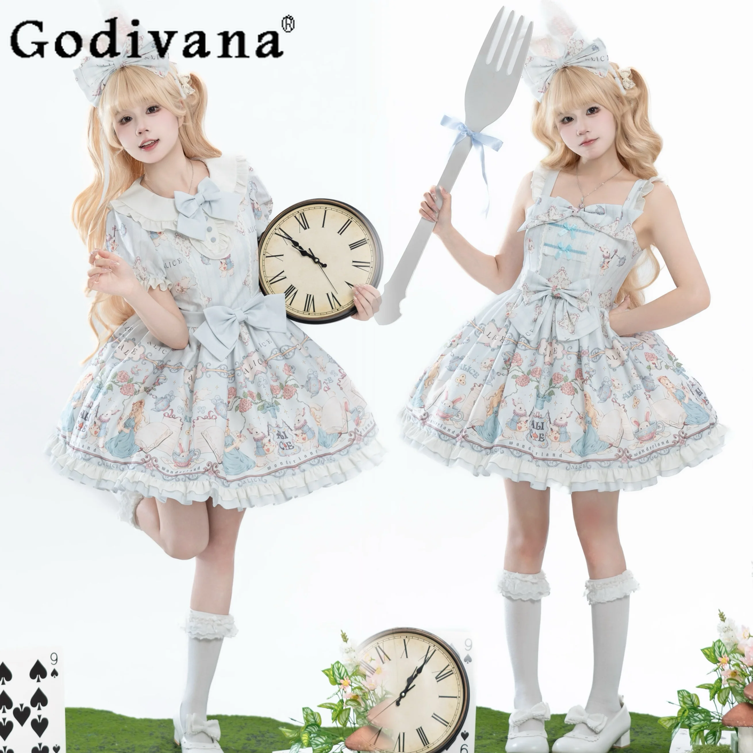

Original Japanese Girls Sweet Lolita Dresses Summer New Women's Cute Bow Print Kawaii Birthday Dress Princess Sling Dress Jsk
