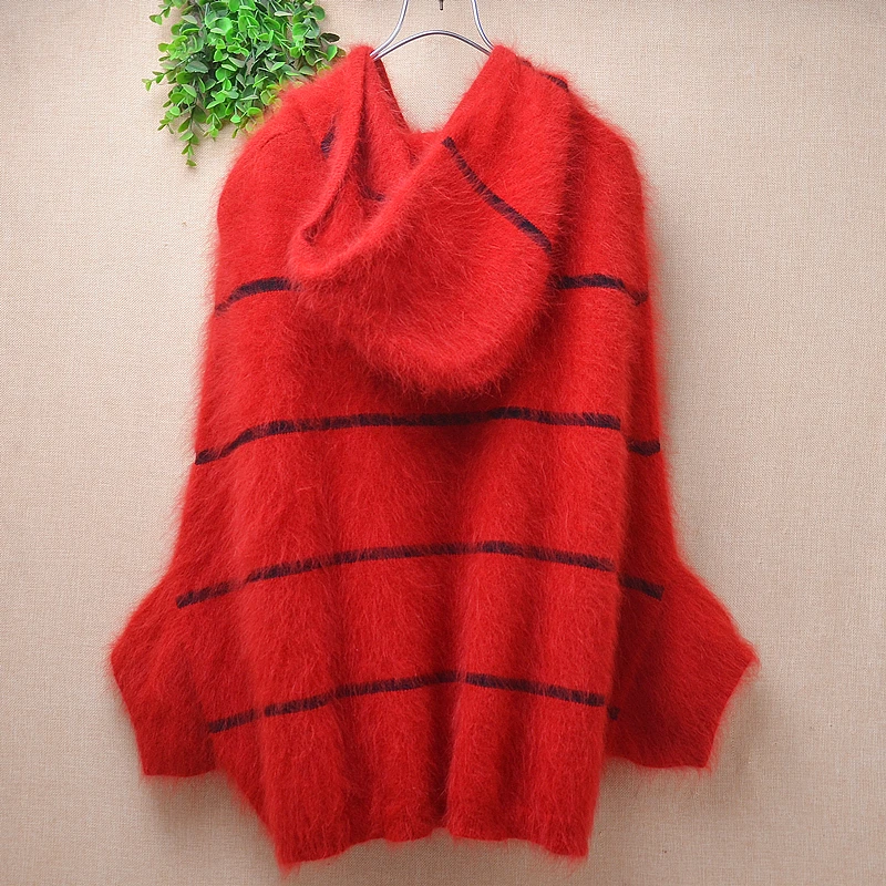 Ladies Women Autumn Winter Clothing Striped Hairy Angora Rabbit Hair Knitted Short Batwing Sleeves Hooded Loose Pullover Sweater