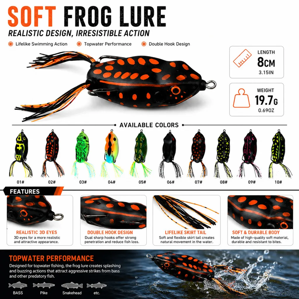 Fishing Lure Soft Frog 8cm/20g Frog Fishing Lure Mini Soft Lure Double Hooks Top Water Ray Frog Artificial Bait