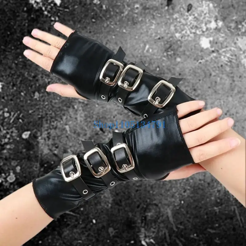 

98km Modern Punk Party Gloves PU Leather Metal Buckles Arm Sleeves Cosplay Props