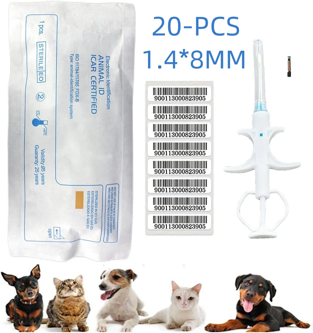 20 Pcs 1.4*8mm Universal Pet Microchip 134.2khz Registration Animal ID Implant Chip  Microchip FDX-B For Dog Cat