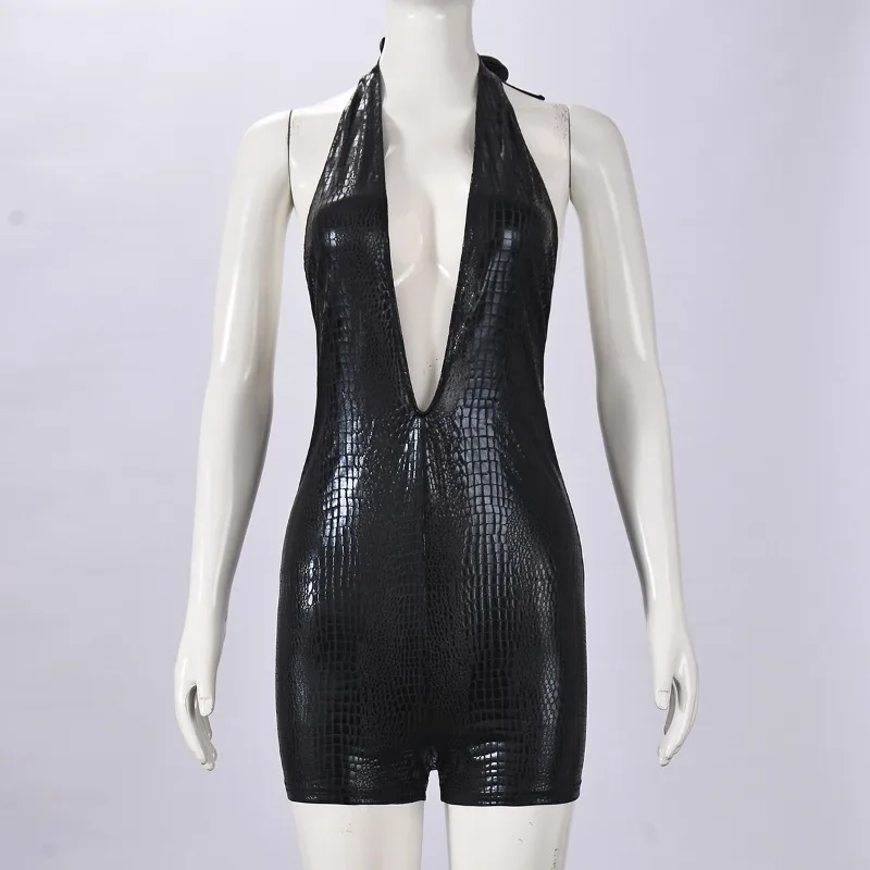 Sexy halter diepe v-hals zwarte playsuits dameskleding mouwloos rugloos skinny club party bodycon jumpsuit shorts verjaardag
