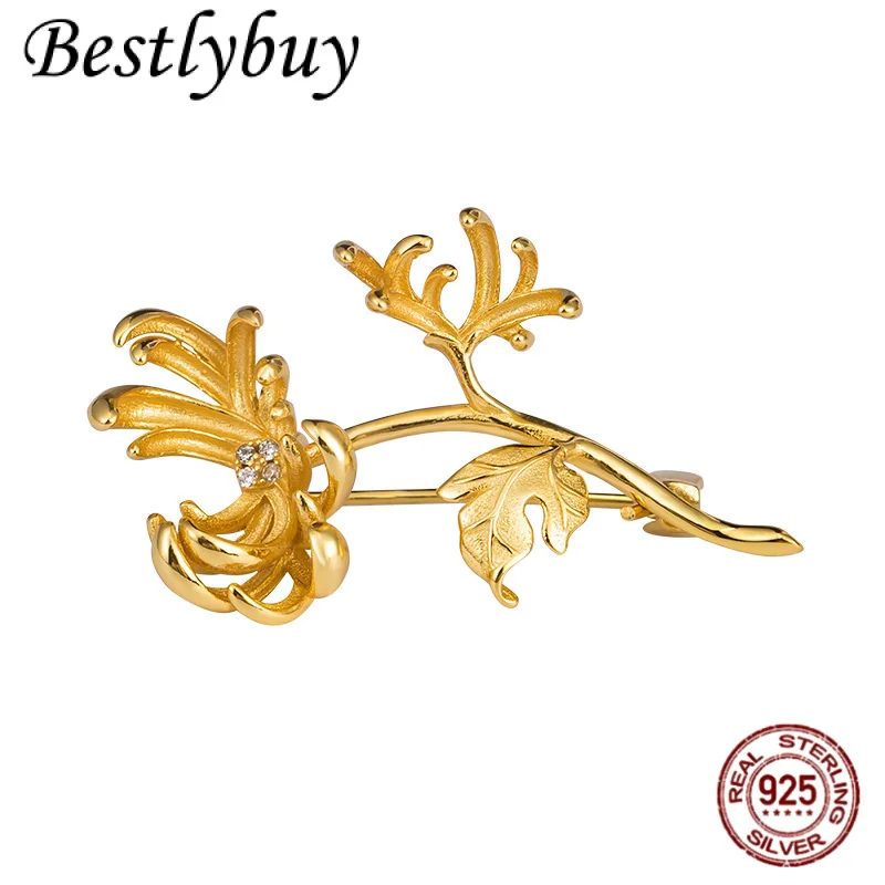 

S925 Серебряная минималистичная дизайнерская брошь с хризантемой, элегантная женская темпераментная подарочная булавка, креативные цветочные украшения