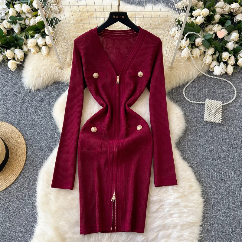 Temperament Sexy Socialite Long-Sleeve Zipper Women's Autumn Metal Buckle Waist-Controlled Base Knitted Sweater Dress