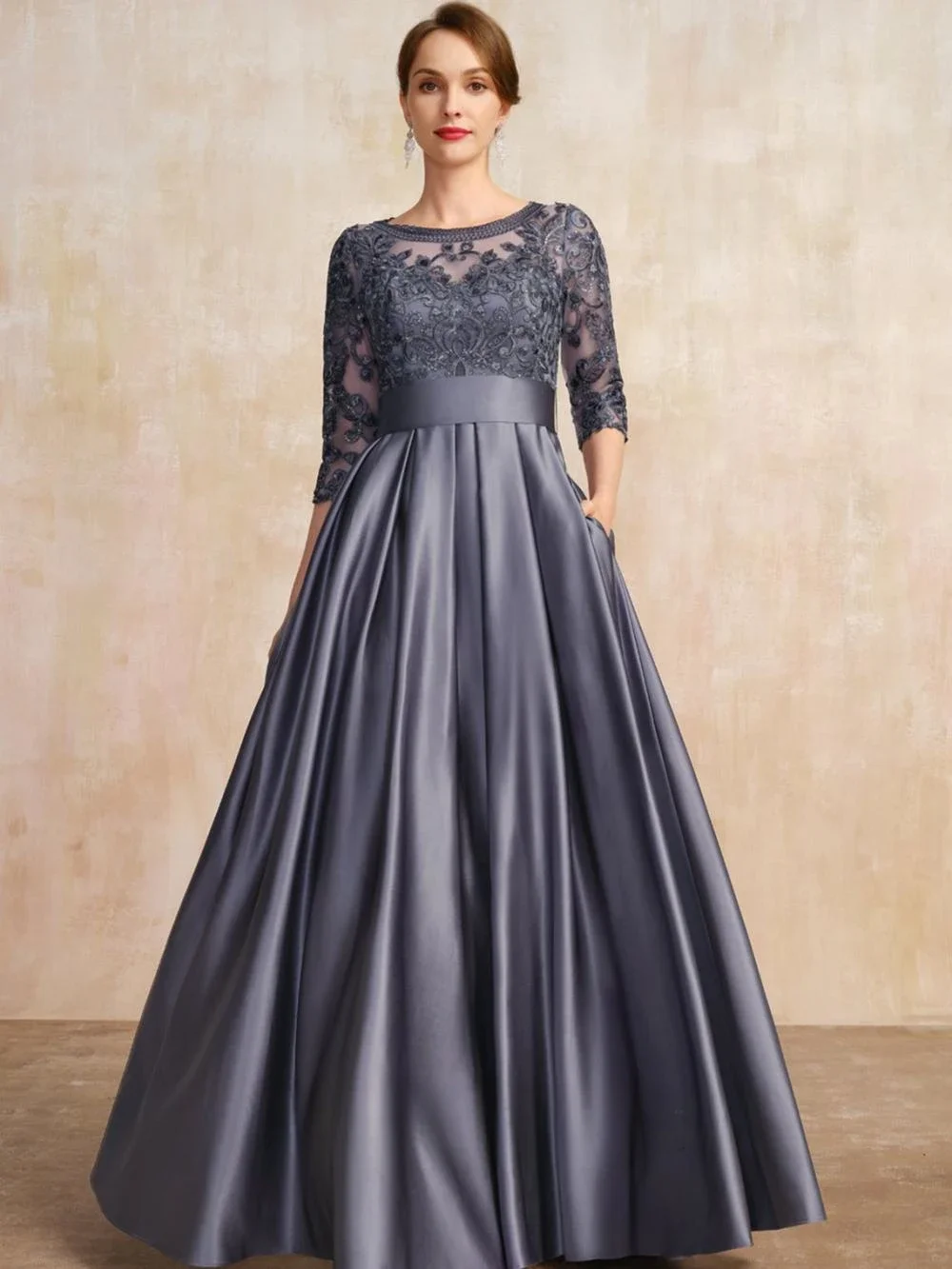 A-line Scoop Illusion Floor-Length Lace Satin Mother of the Bride Dress With Bow Sequins vestidos de novia