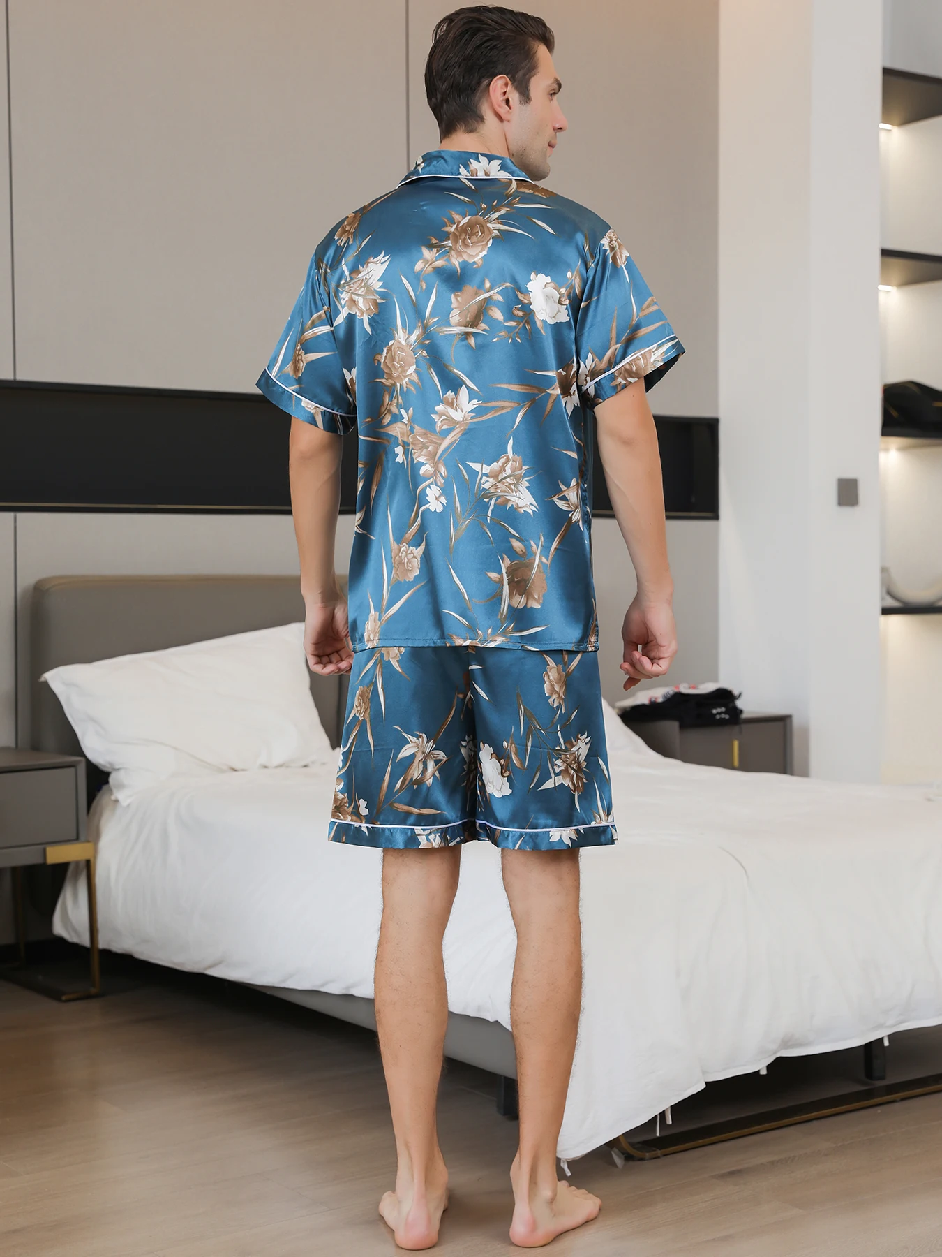 Men\'s pajamas short sleeved summer ice silk home clothing men\'s summer casual thin cardigan can be worn as a set home clothing