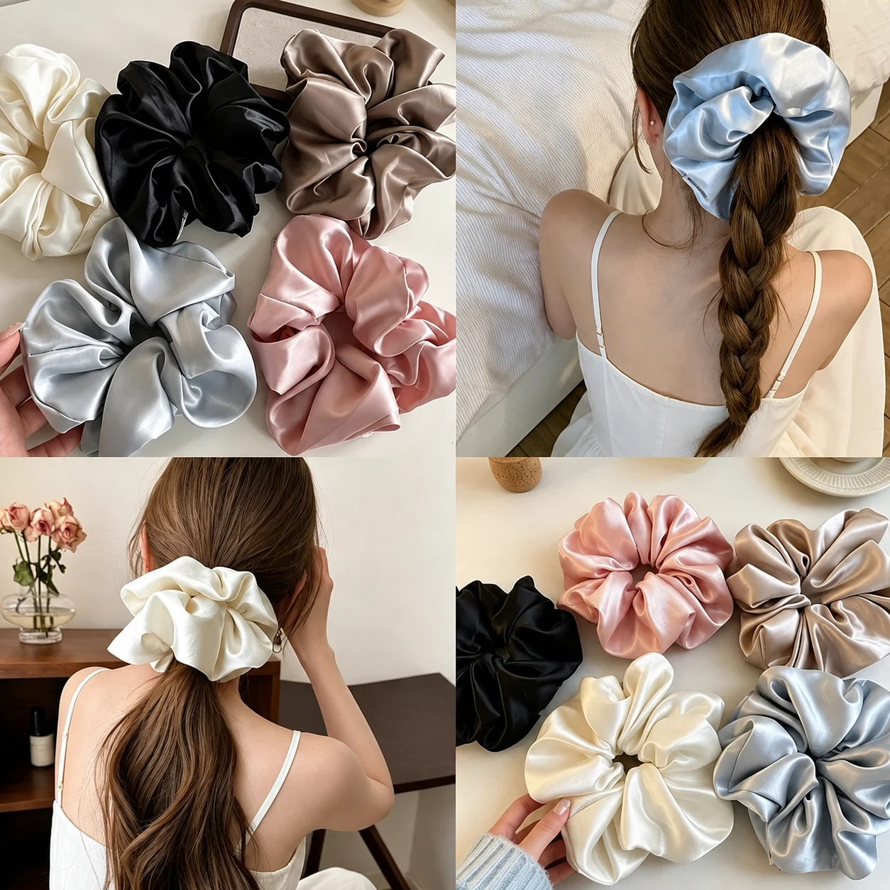 Premium Silky Satin Large Scrunchies Cream Gloss Hair Elastic Bands, Gentle Elegant Hair Ropes for Women Daily Use, Fashion Hair