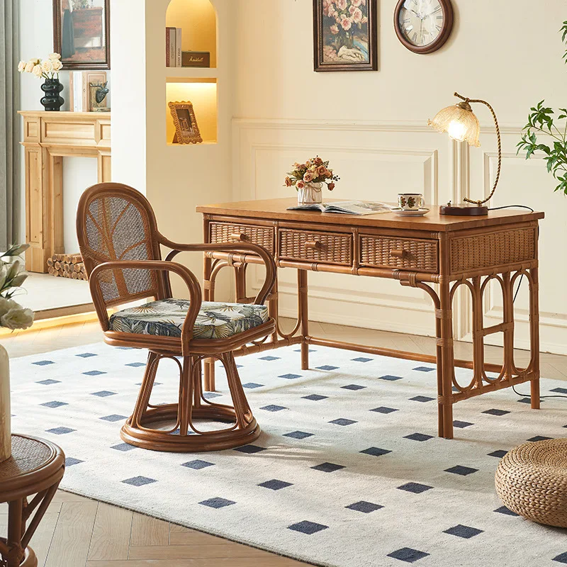 Wabi Sabi Wind Home Study Rotating Chair Table Combination Medieval Handwoven Indonesian Plant Vine Desk