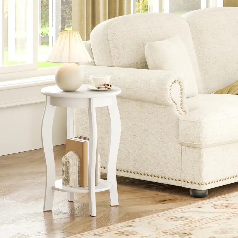 

15 Inch 2-Tier Round End Table with Storage Shelf-White