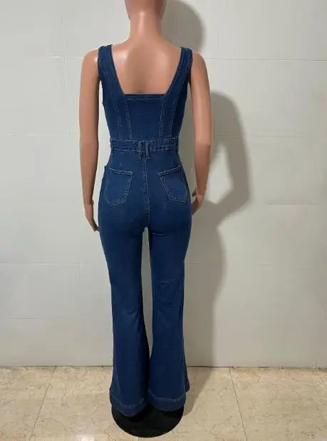 จั๊มสูทผู้หญิง 2026 รุ่นใหม่ สปริง สีพื้น คอวี แขนกุด มีกระเป๋า ดีไซน์เอวสูง สไตล์สตรีทแวร์ลำลอง ผ้ายีนส์ทรงขาบาน