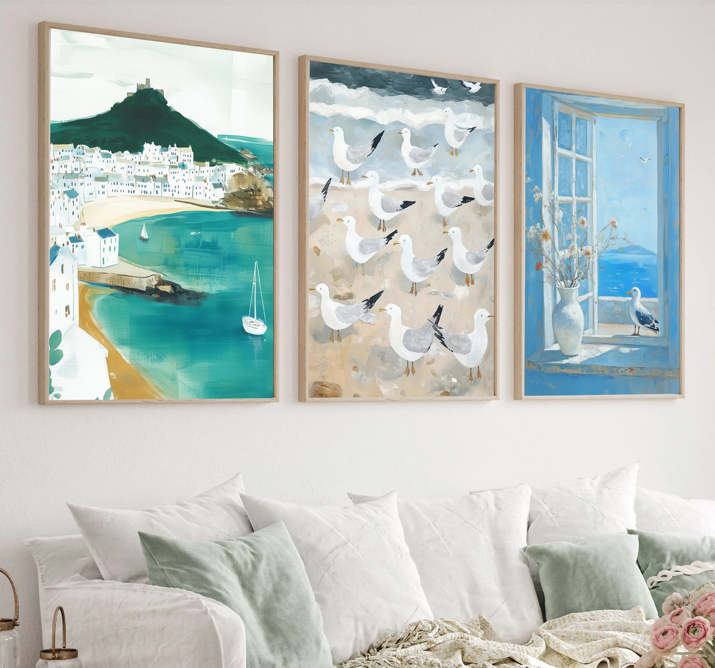 Summer Ocean Seagulls Cats and Dogs Poster Print Canvas Art Pictures Home for Living Room Bedroom Wall Decor Frameless Painting