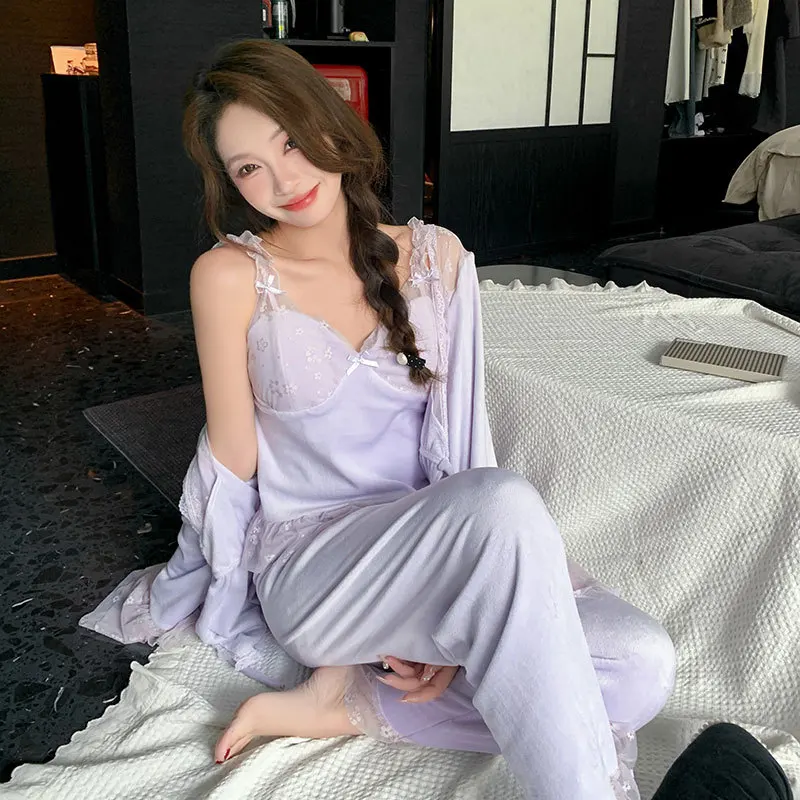 

Autumn Winter Women 3PCS Pajamas Set Sexy Island Velour Sleepwear Casual Home Clothes Loungewear Velvet Pijamas Suit