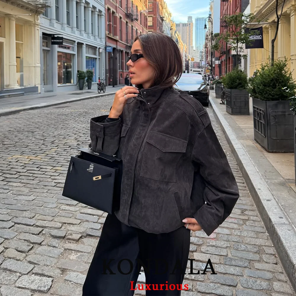 KONDALA elegantní semišová dámská bomber bunda, dámská s dlouhým rukávem, kapsy, rovný volný kabát, módní podzim/zima 2025, streetwear, svrchní oblečení - náhled 5