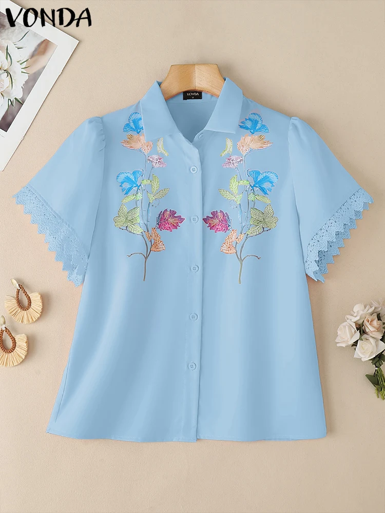 Lace Patchwork Women Shirt VONDA Fashion Floral Print Blouse Short Sleeve Summer Tops Tee Blusas Streetwear Female Tunic