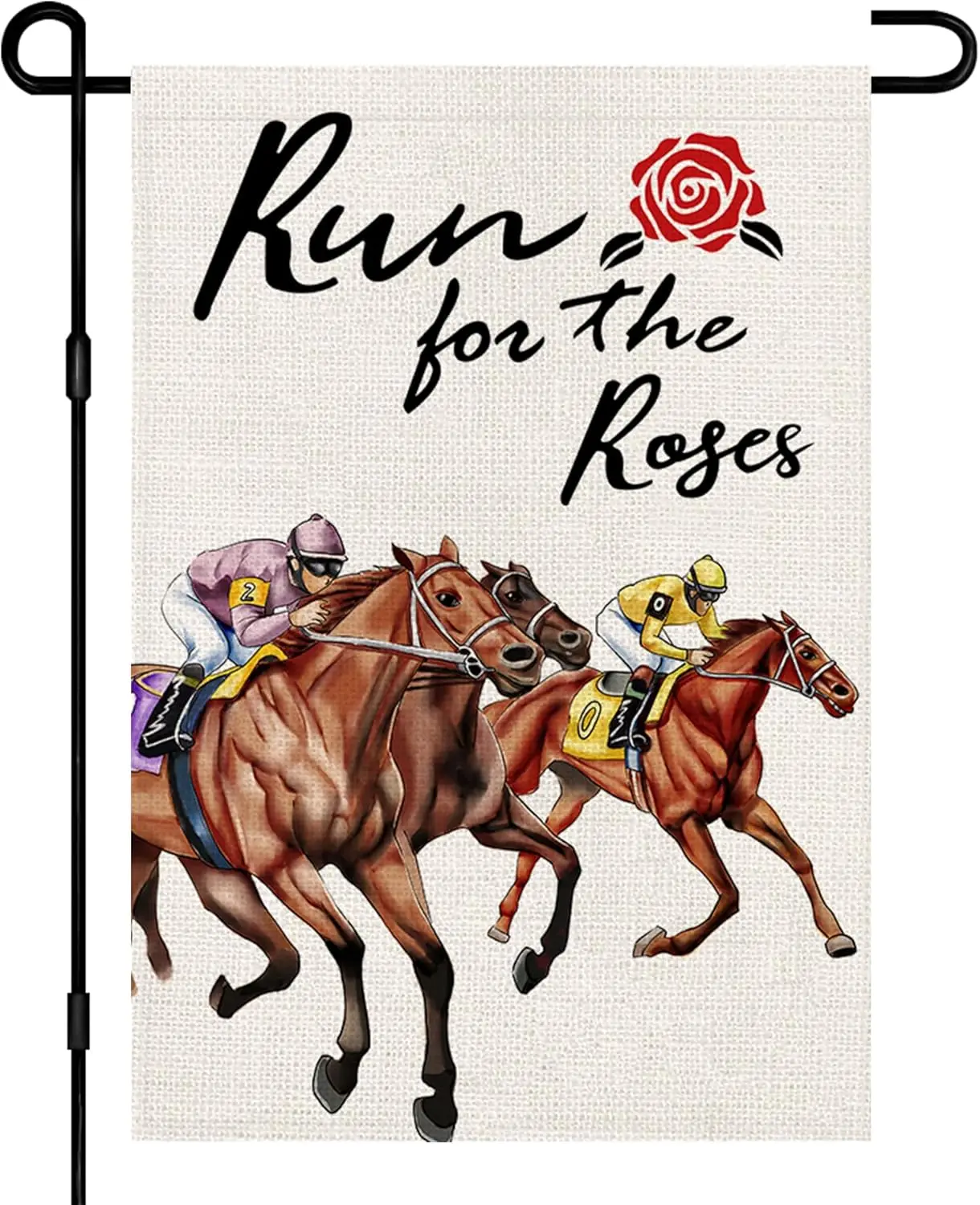 Kentucky Derby Garden Flag 12x18 Inch Burlap Double Sided Outside, The Jockey Run for the Roses Horse Race Yard Outdoor Decorati