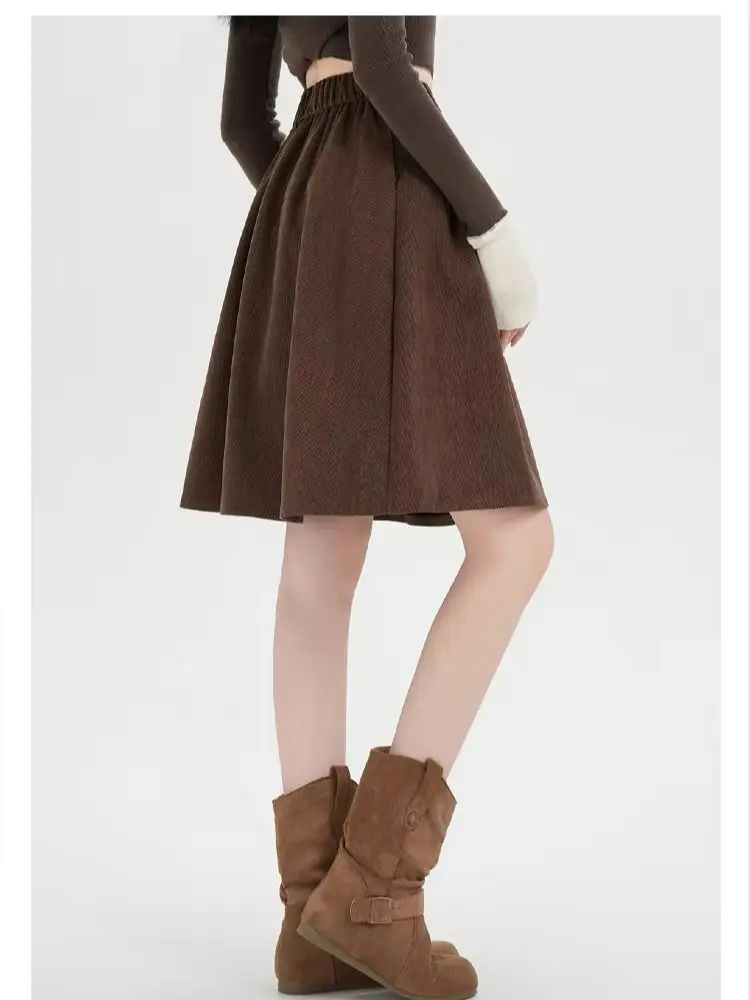 Women's Vintage Corduroy A-Line Midi Skirt with Elastic Waist Design, Built-in Lining Shorts for Modesty & Anti-Exposure