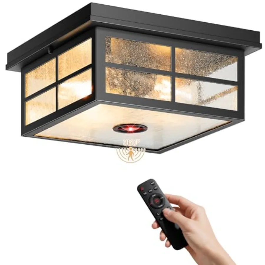 

Motion Sensor Outdoor Ceiling Light with Remote Control 2-Light Black Modern Outdoor Flush Mount Light for Garage Porch Entrywa