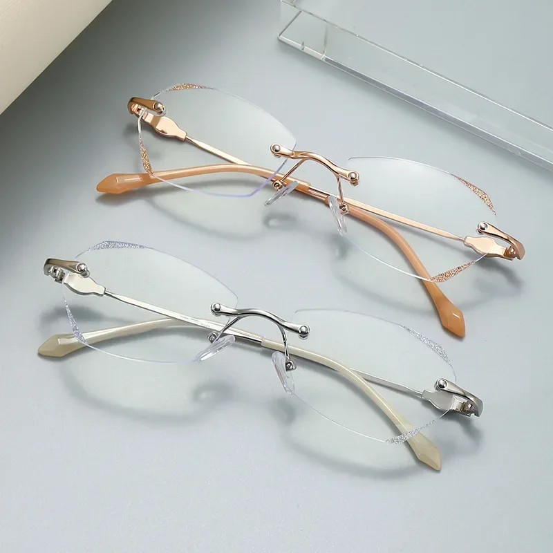 

Rimless Myopia Glasses Women Ultralight Vintage Prescription Eyeglasses Female Shiny Diamond Leg Blue Light Glasses -100 To -500