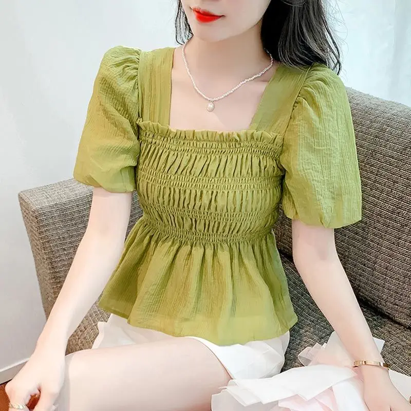 

Office Lady Pleated Slim Short Shirt Tops Women Clothing New Summer Trend Solid Short Sleeve Elegant Blouse Fashion Temperament