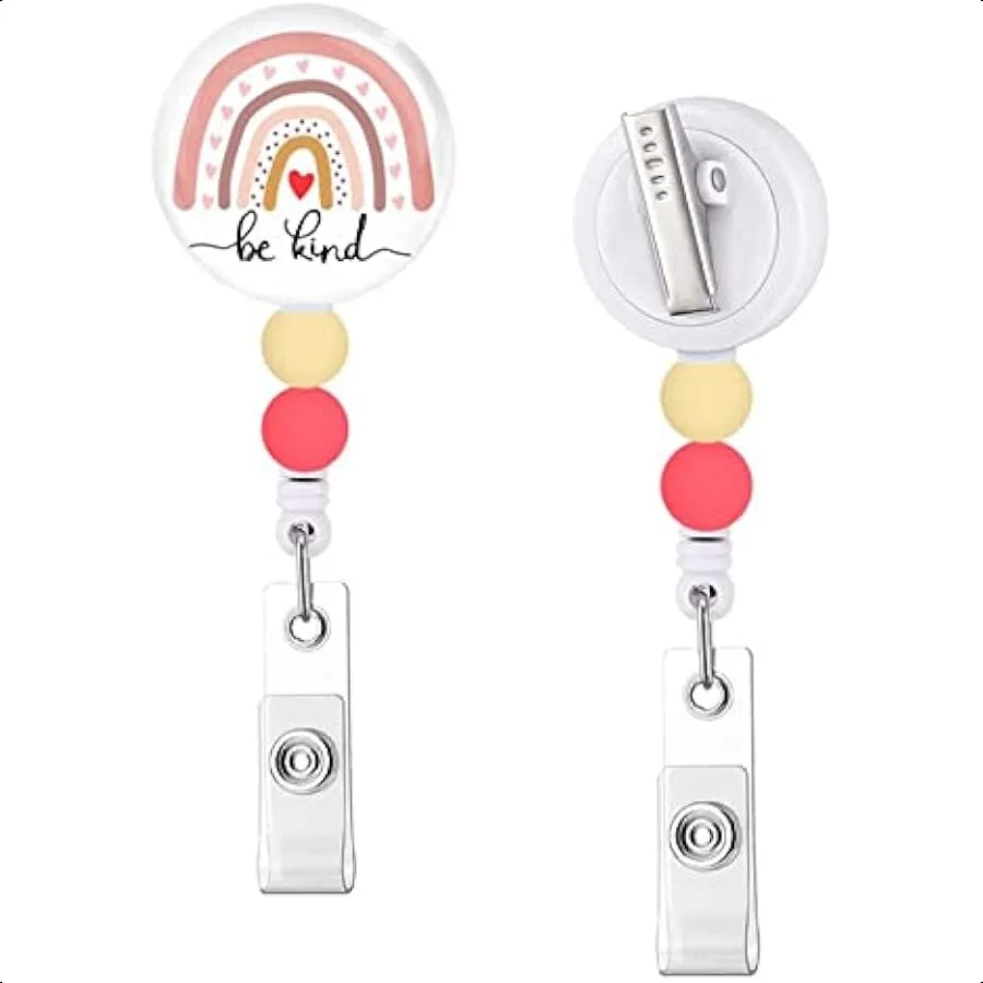 

Be Kind Rainbow Badge Reel Retractable with Beads Cute Funny Id Badge Holders Retractable Badge Clips Keychain ID Card Holder f