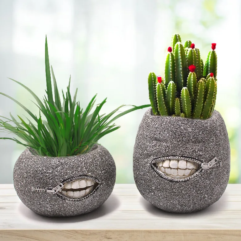 

Funny Zipper Teeth Succulent Planter Decorative Resin Smirk Mouth Flower Pot Comedian Character Ornament Room Novelty Supplies