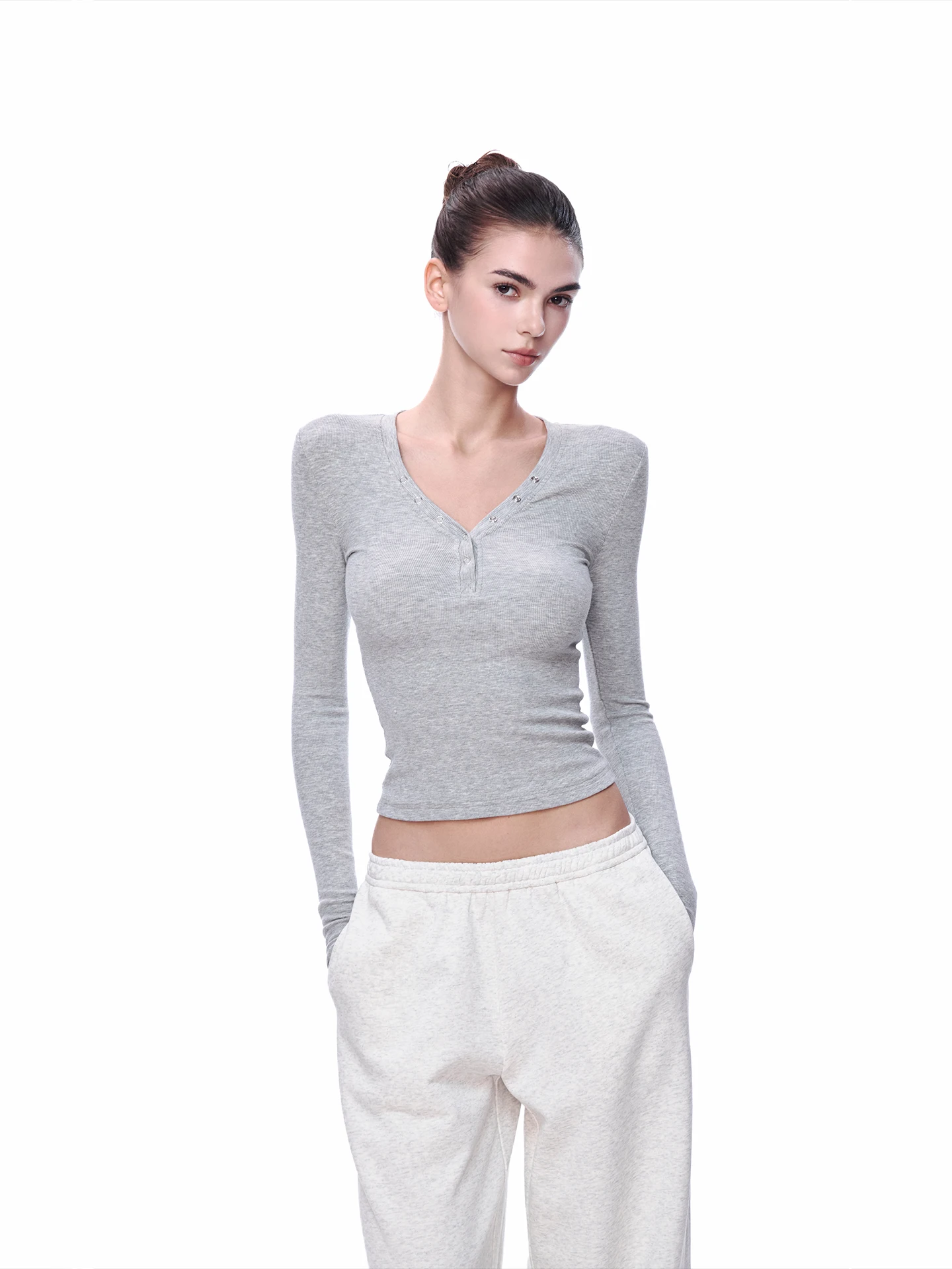 

Женская облегающая футболка JLAUNT с длинным рукавом и V-образным вырезом, базовая модель в американском стиле, вязаный топ с коротким рукавом