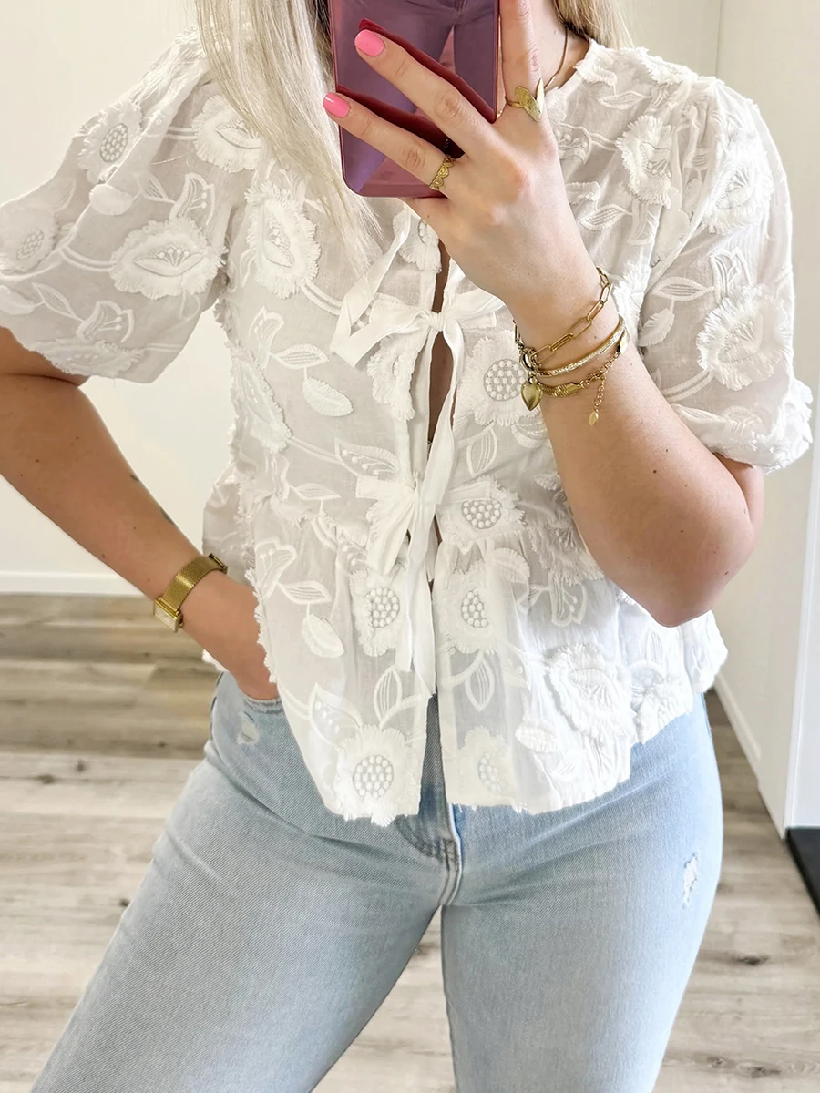 Women's Spring Summer Casual Shirts Puff Sleeve O Neck Floral Embroidery Bow Tie Front Babydoll Tops