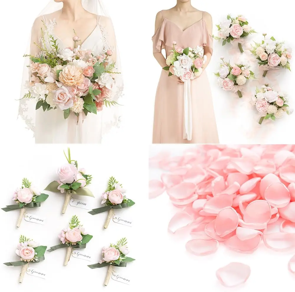 Blush Pink Wedding Bouquet Set with Boutonnieres and Rose Petals