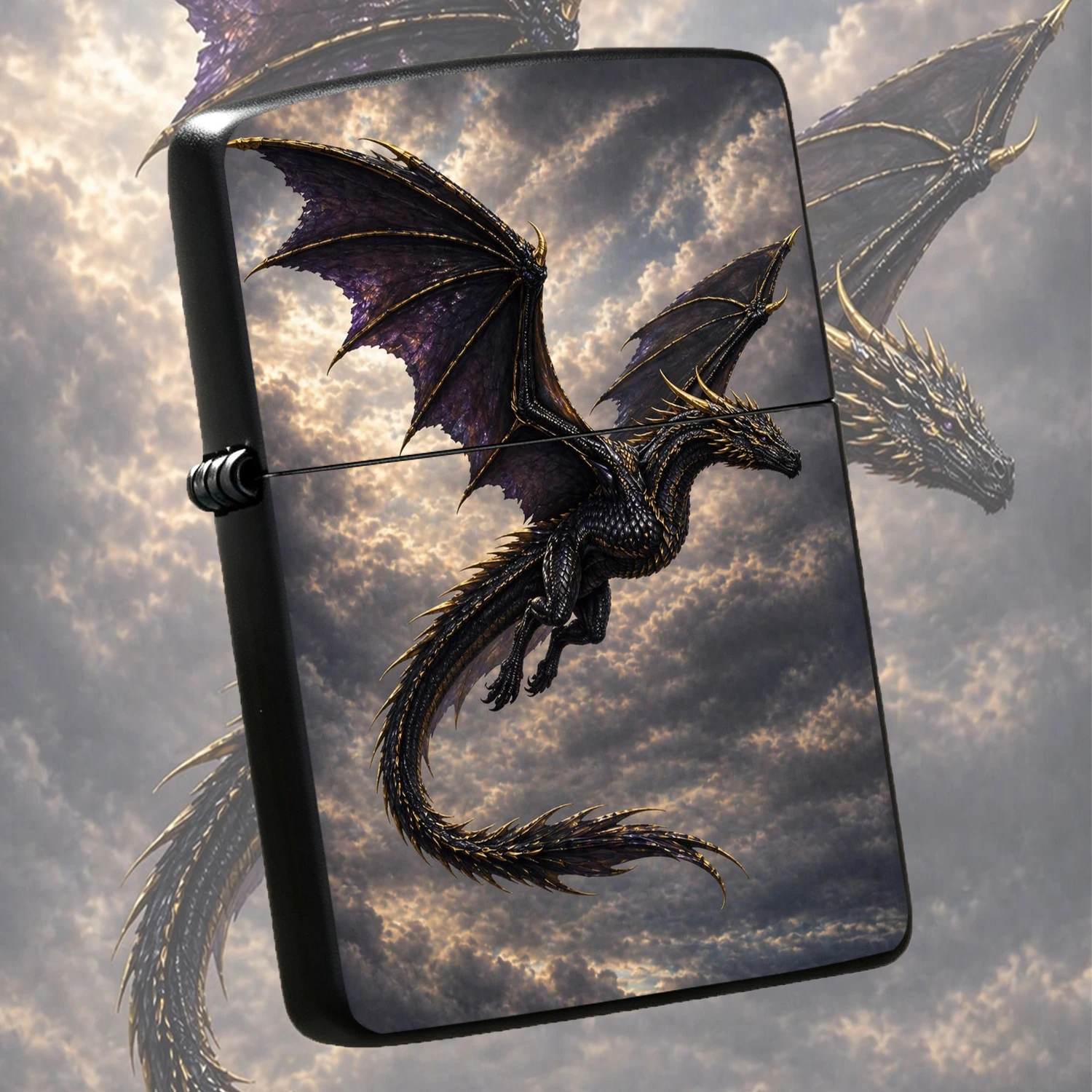 Vintage BLACK Gold Wyvern Pattern Lighter, Windproof Durable PORTABLE Lighter, Cool Dark Flying Dragon Themed  Igniter , Exquisite Collectible Gift for Men, Ideal for Outdoor Daily Use, Fantasy Decorative Pocket Lighter for Dragon Lovers