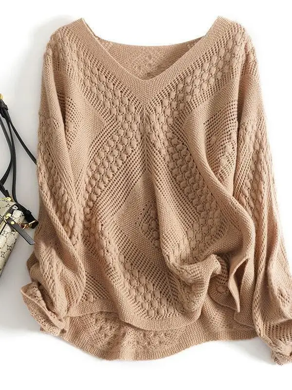 

Свободный крой V-Ne Long Sve вязаный свитер женский больших размеров осень-зима модный дышащий ажурный дизайн удобный