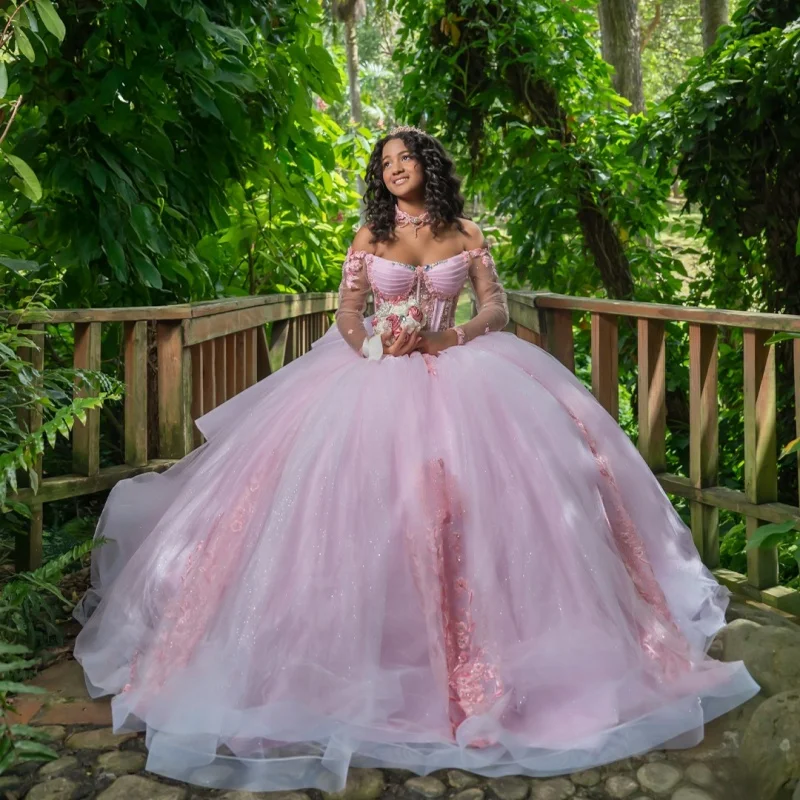 

Shiny Pink Quinceanera Dress applique Tull Ball Gown flower decal Long tail crystal vestidos de 15 quinceañera Customized