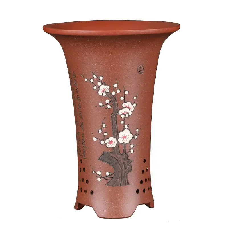 yesHand Carved Cascade Bonsai Pot, Ceramic Cymbidium Plant Pot, Cylinder Shape, Traditional Chinese Flower Vase, Garden Decorati