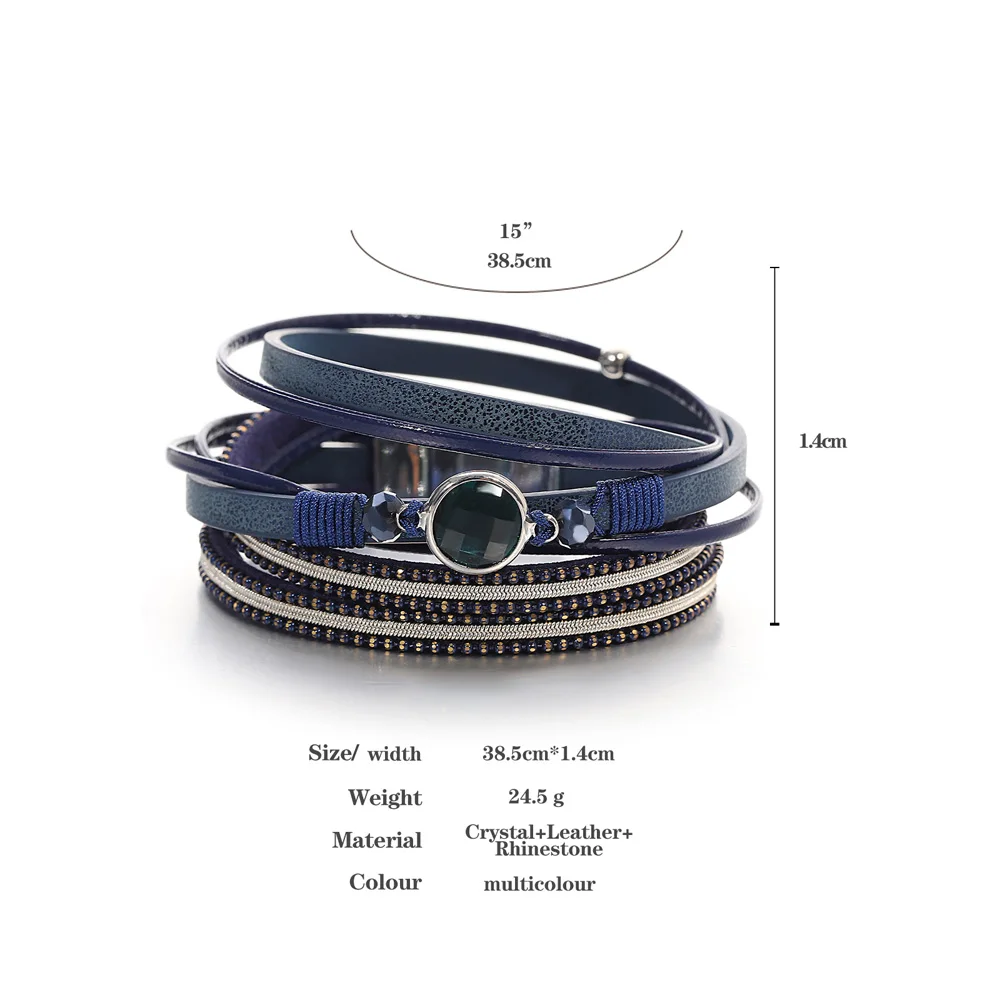 ALLYES Vintage kryształowa koralik skórzana bransoletka dla kobiet mężczyzn Boho wielowarstwowe długie łańcuszki Wrap bransoletki i Bangles Party biżuteria — zdjęcie 7