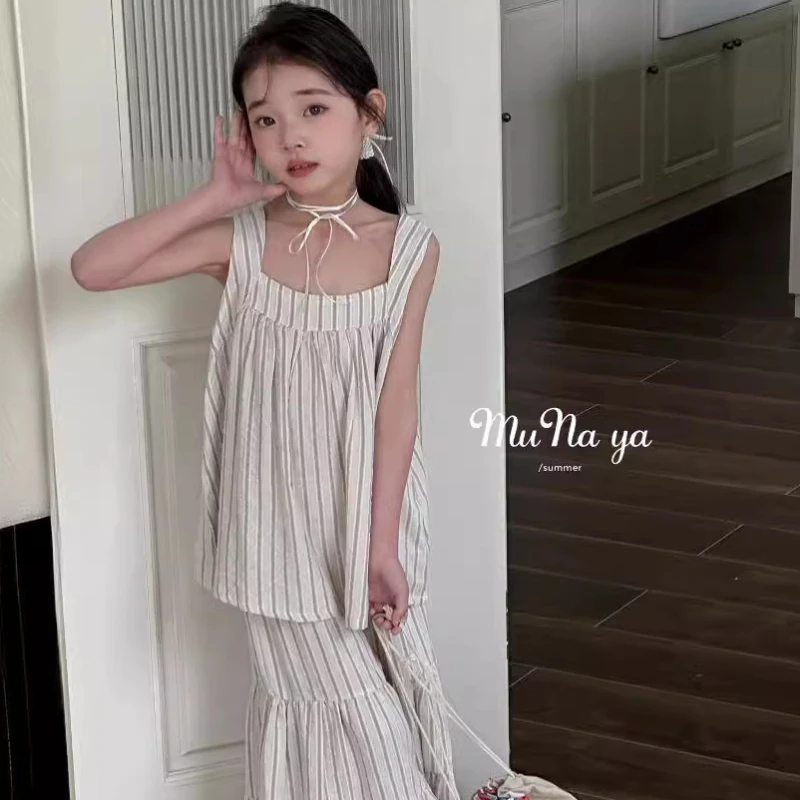 

Girls Two-piece Set 2024 New Summer Childrens Clothing Foreign Style Korean Style Culottes Children Sleeveless Beach Casual