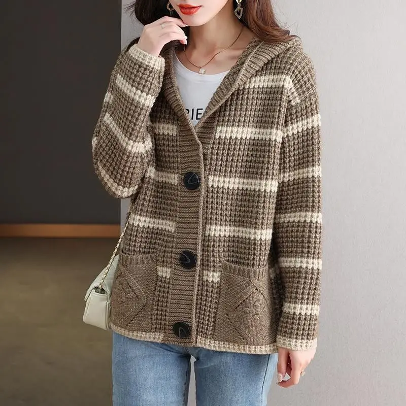 

Women's Autumn and Winter Vintage Fashion Striped Knitwear Cardigan Women Clothes Loose Elegant Temperament Hooded Sweater Coat