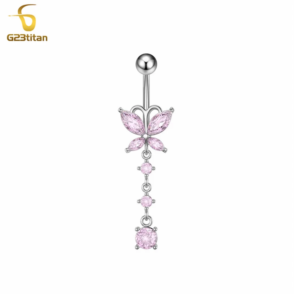 G23titan Crystal Zircon Butterfly Dangle Belly Button Ring Titanium or Steel Bar Navel Piercing Jewelry Women Body Accessories