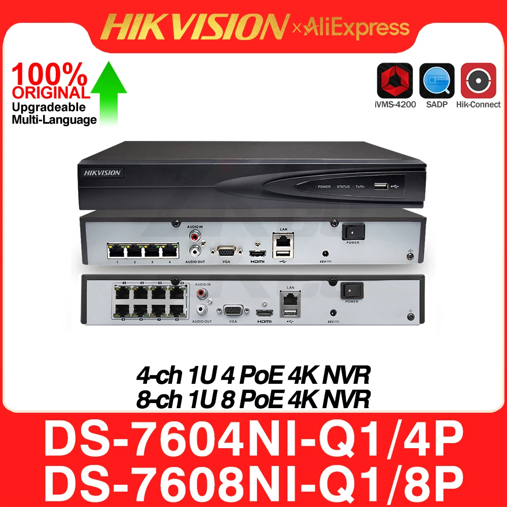 Hikvision Network Video Recorder DS-7604NI-Q1/4P DS-7608NI-Q1/8P 4K 4/8CH 4/8 PoE NVR 8MP H.265+ MD2.0 Security Surveillance