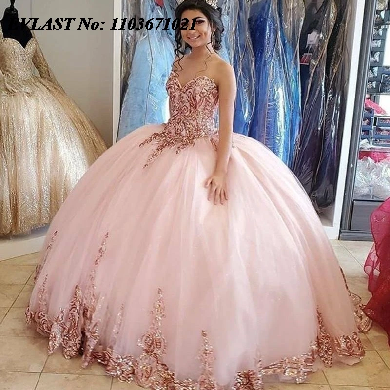 

EVLAST Customized Pink Quinceanera Dress Ball Gown Lace Applique Beaded Crystal Corset Sweet 16 Vestidos De XV 15 Anos SQ78