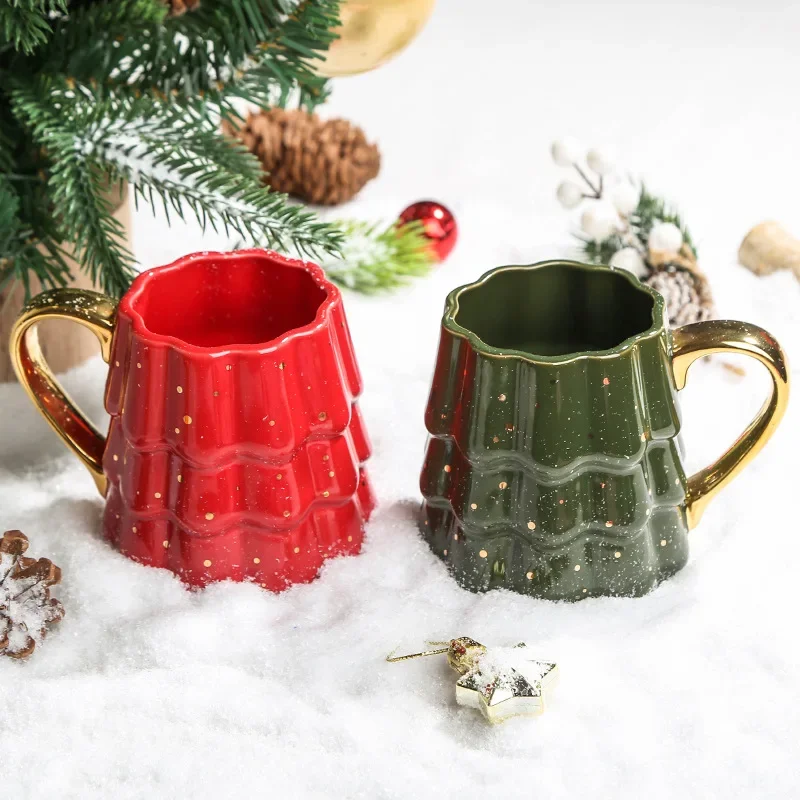 Christmas Tree Ceramic Mug with Gold Handle, Couple Pair Coffee Cup, Christmas Gift Set with Gift Box