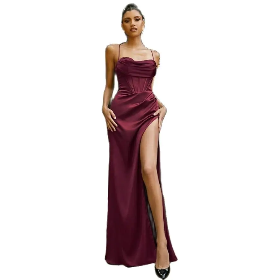 

Sexy Straight Burgundy Spaghetti Straps Evening Party Gowns 2023 Floor Length Sweep Train Satin Side Slit Wedding Guest Dresses